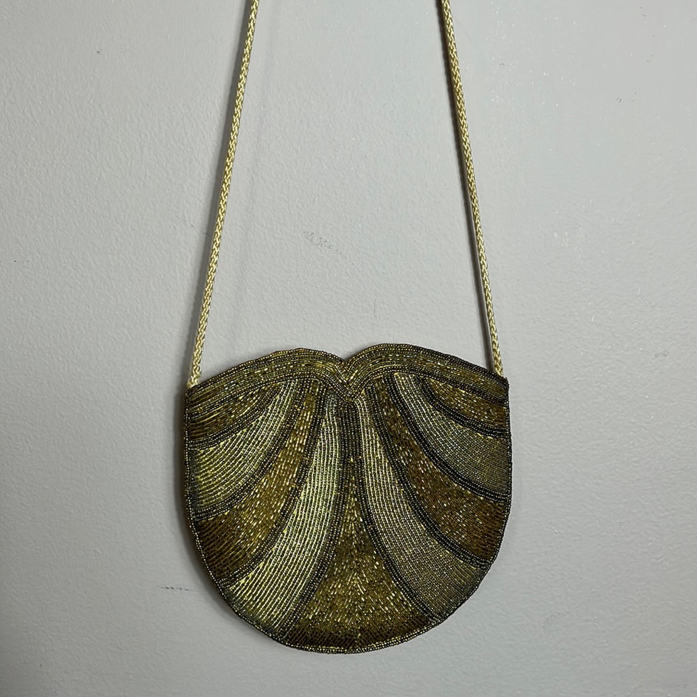 Vintage Art Deco Gold & Tan Color Beaded Cocktail Shoulder Bag  Pouch small